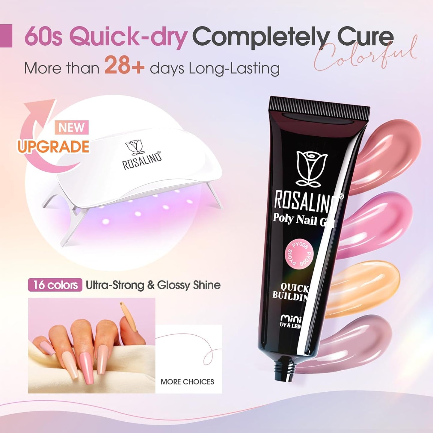 ROSALIND Poly Nail Gel Kit -16 Colors + Nude Pink Nail Art Accessories kit Clear Nude Poly Nails Gel Kit Starter Kit With Slip Solution Nude Pink Nail Extensions Gel Set with Mini UV Lamp