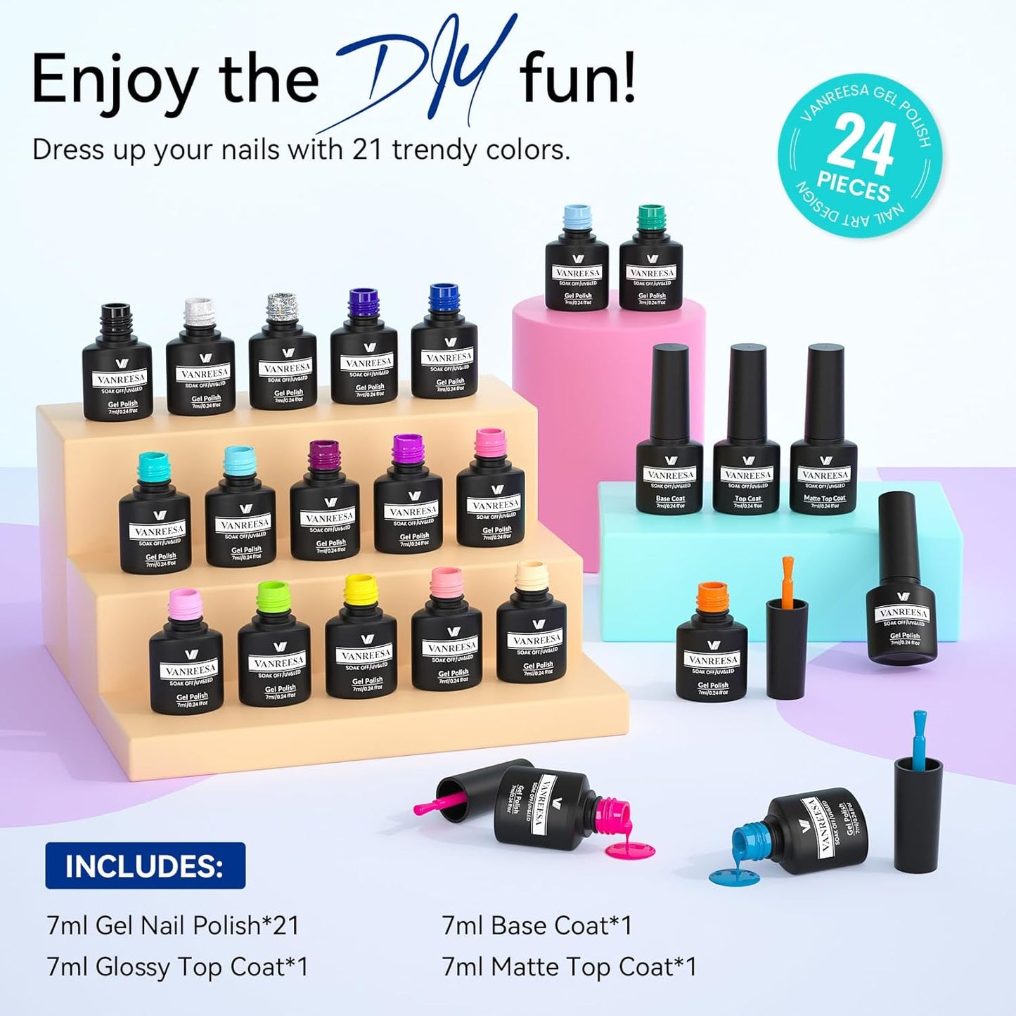 VANREESA 24 Pcs Gel Nail Polish Set, 21 Colors Gel Polish with Base Coat Glossy & Matte Top Coat Pink Orange Yellow Green Purple Blue Glitter Gel Polish Kit Nail Kit Gifts for Women Girls
