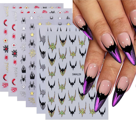 6 Sheets Halloween Nail Stickers Gold Silver Nail Art Stickers Bat Spider Web Stars Nail Decals