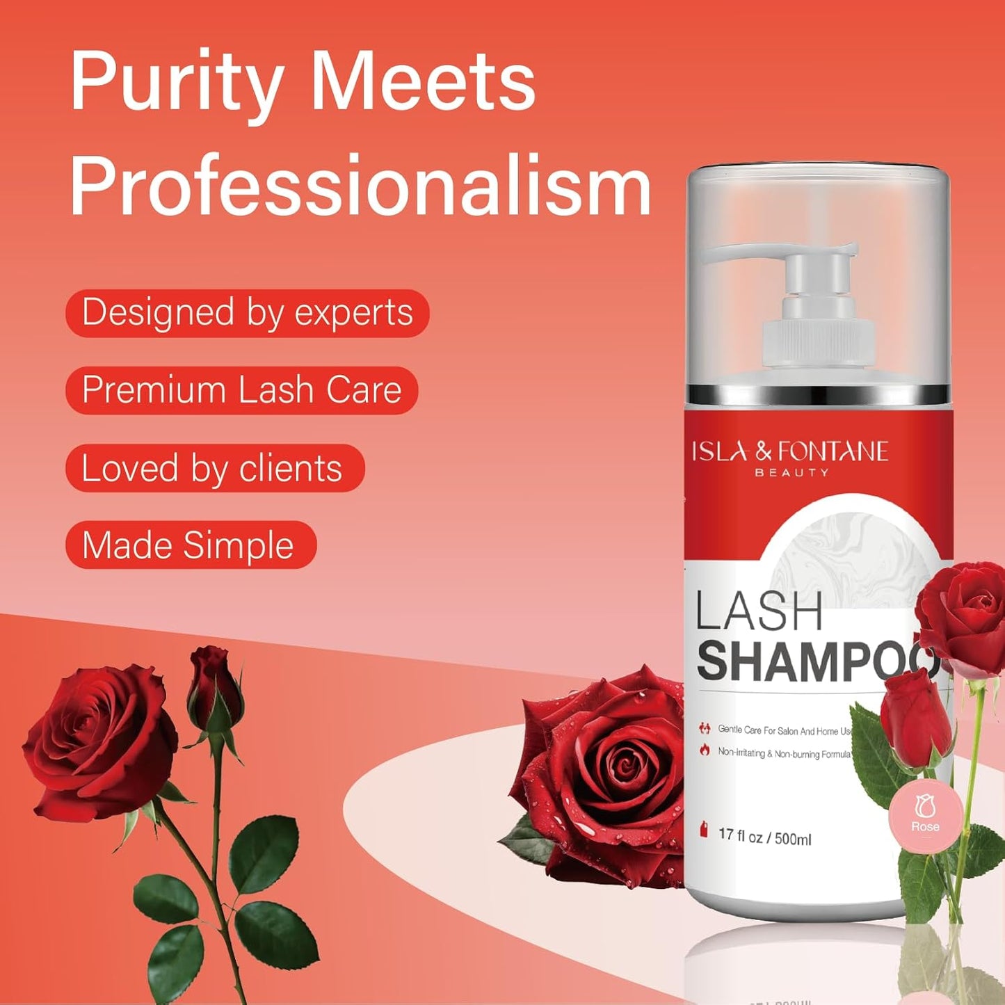 ISLA & FONTANE Lash Shampoo Bulk – Multi-Scent Series – 17 fl oz / 500ml | Gentle Eyelash Cleanser for Lash Extensions | Non-Irritating | Professional Lash Bath Foam For Salon And Home Use (Rose)