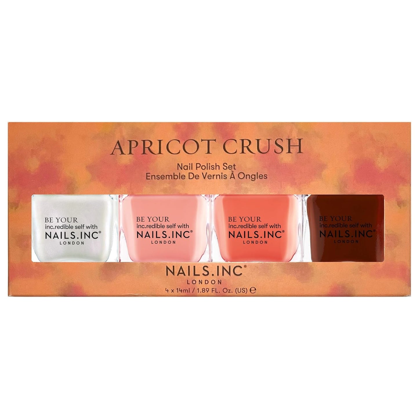 Nails Inc Apricot Crush 4-Piece Nail Polish Set – Longwear Glossy Nail Lacquer in Earthy Desert Tones – Includes Pearl, Peach, Orange & Dark Brown Shades – Chip-Resistant, Salon-Quality Formula