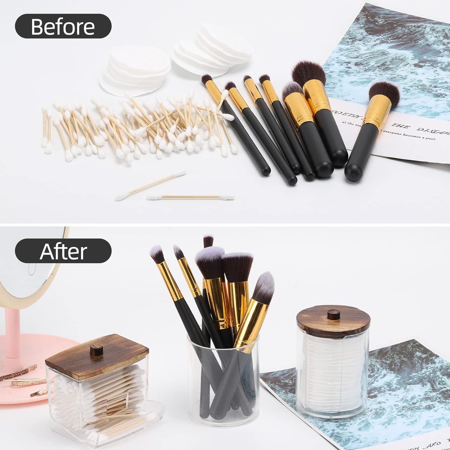 Tbestmax Bathroom Organizer Accessories Set-10 OZ,7 OZ Qtips Holder Storage with Wood Lids, Cotton Ball/Swabs Dispenser, Apothecary Container Jar 3 Pcs