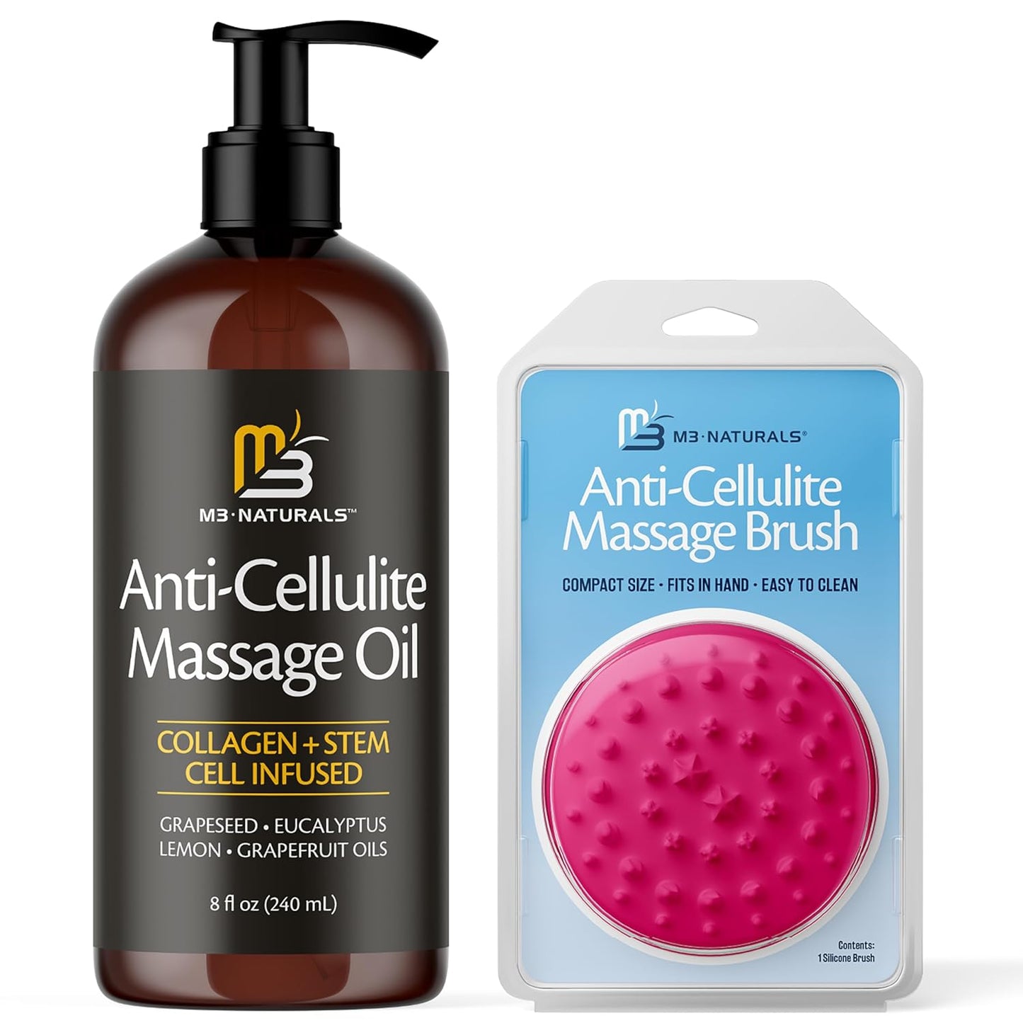 Anti Cellulite Massage Oil and Silicone Body Brush – Collagen and Stem Cell Skin Tightening Formula for Smoothing and Firming, 8 fl oz by M3 Naturals