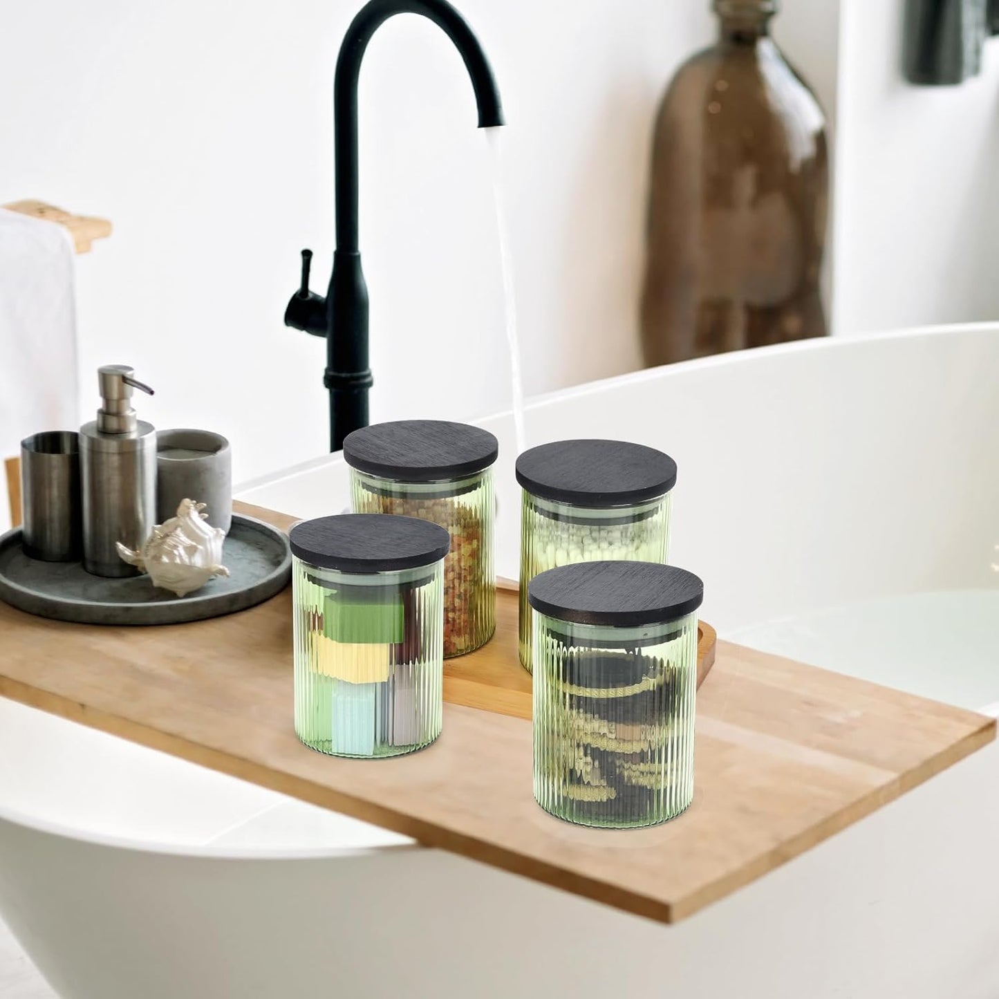 2 Pack Ribbed Glass Qtip Holder Dispenser Set - Apothecary Jars with Lids - Bathroom Canister Storage Organizer and Vanity Makeup Organizer for Cotton Ball,Swab,Round Pads,Floss