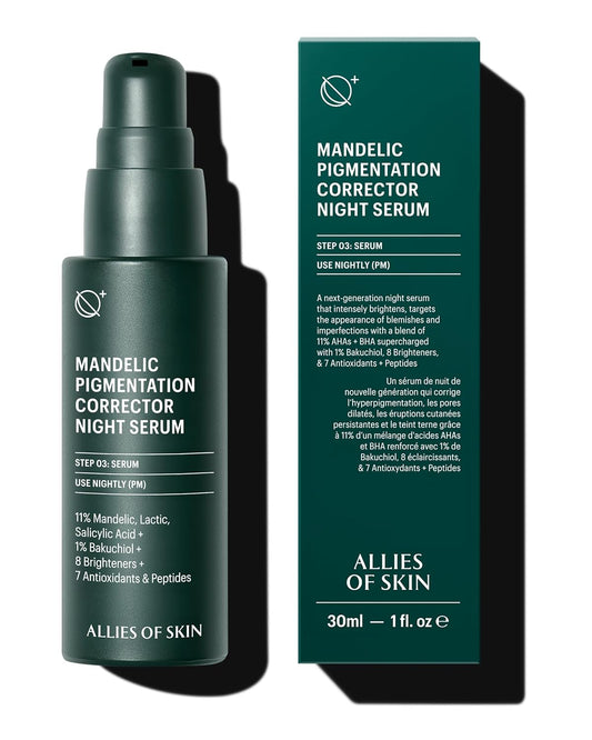 Allies of Skin Mandelic Pigmentation Corrector Night Serum | Gentle Acne Face Serum with Bakuchiol, Niacinamide & Salicylic Acid | Anti-Aging Formula to Reduce Pores and Even Skin Tone (1 oz)