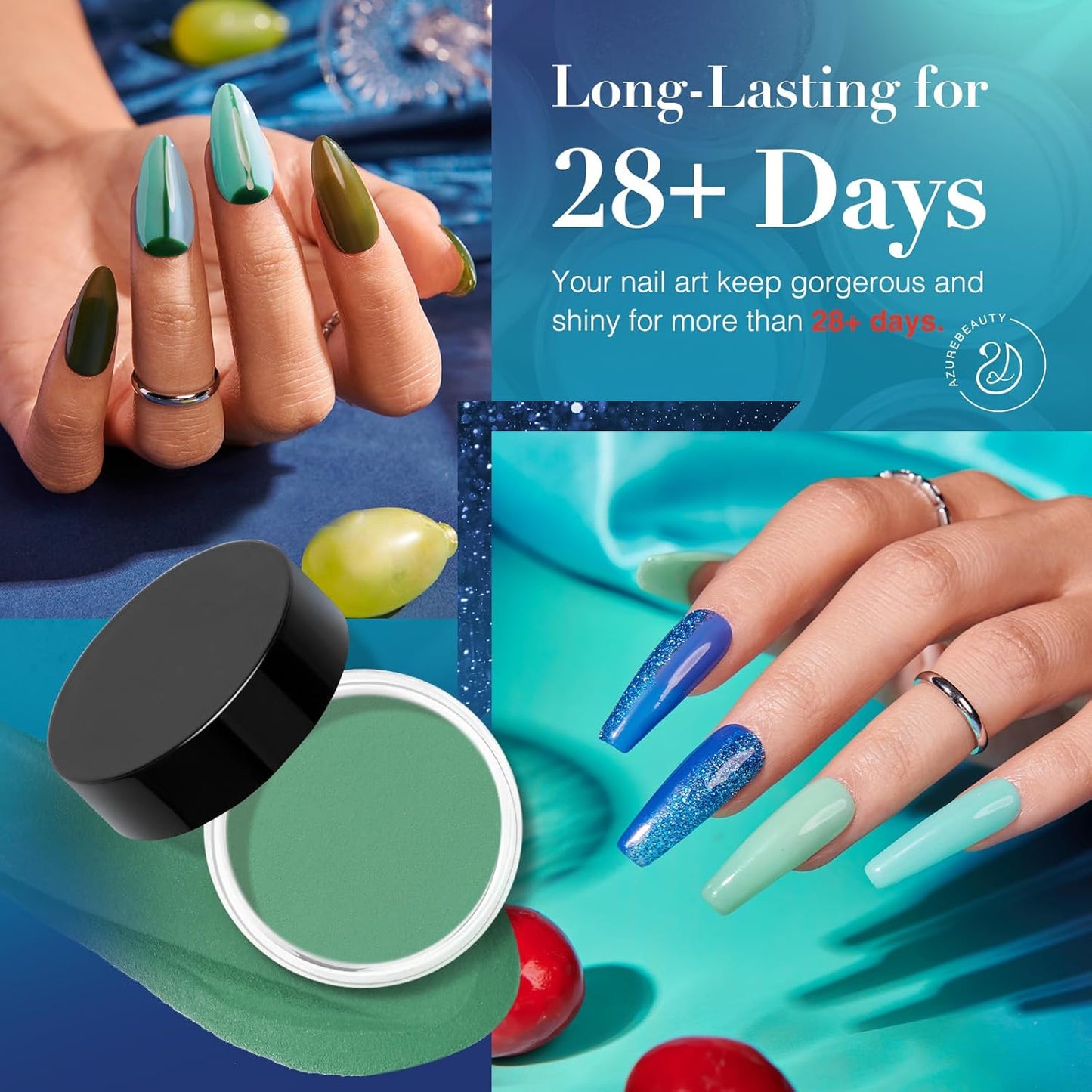 AZUREBEAUTY Dip Powder Nail Set Blue Green Shimmery, All Seasons 6 Colors Dipping Powder Starter Kit French Starry Ocean Banquet Nail Art Manicure DIY Salon Gifts for Women, No Need Nail Lamp Cured