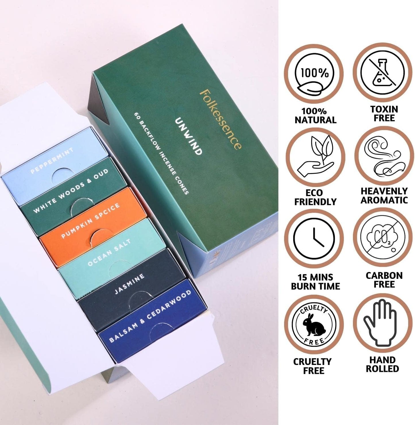 Folkulture Backflow Incense Cones for Waterfall | Set of 6 Waterfall Incense Cones Scented for Gifts | Balsam Cedarwood, Jasmine, Oud, Pumpkin Spice | Peppermint Inscents-Cones for Home