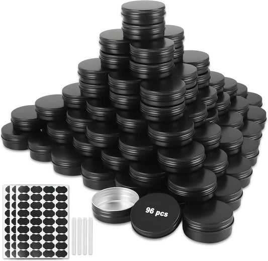 96 Pack Round Cans with Screw Lid 2 Oz Aluminum Metal Tins DIY Food Candle Containers for Lotion Bars, Balms, Salve, Spices, Beard Balm, Crafts with 4 Markers 3 Sheets Label Stickers (Black)