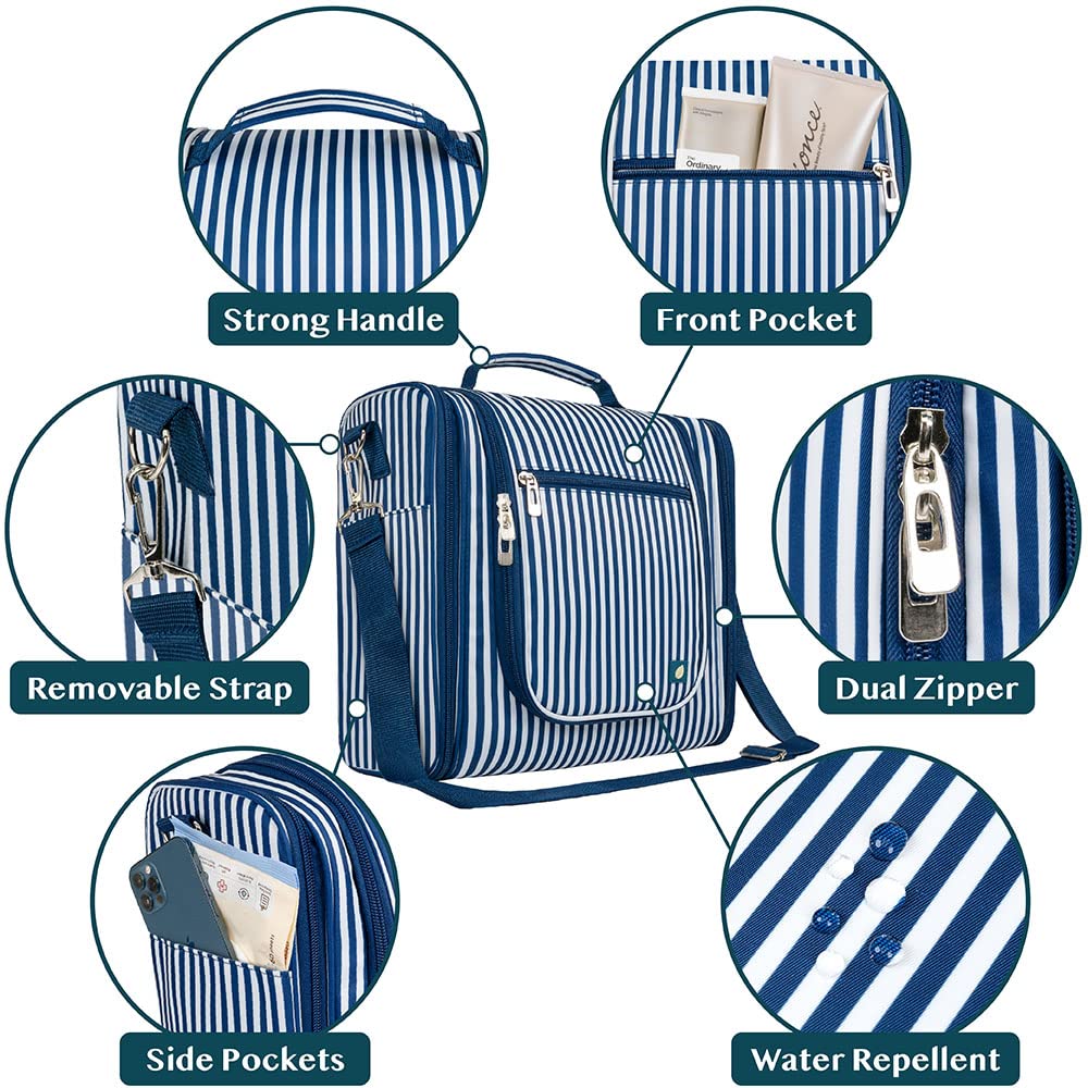 PAVILIA Extra Large Toiletry Bag Travel Bag for Women Men, Hanging Cosmetic Organizer, Water Resistant Makeup Bag for Accessories Toiletries, Travel Essentials Kit (Stripe Navy)