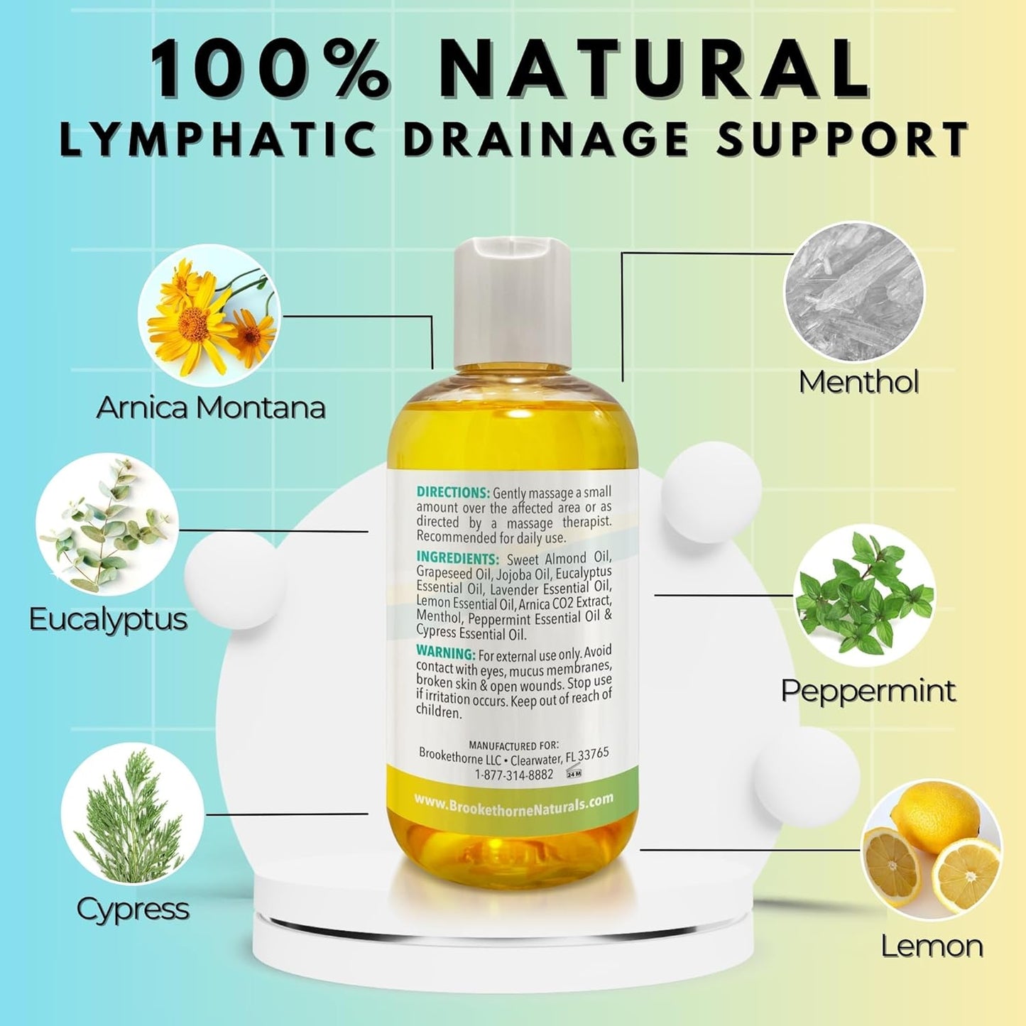Lymphatic Drainage Massage Oil for Massage Therapy | Premium Quality, 100% Natural with Arnica Eucalyptus & Menthol | for Post Surgery Recovery & Detox | 8oz by Brookethorne Naturals