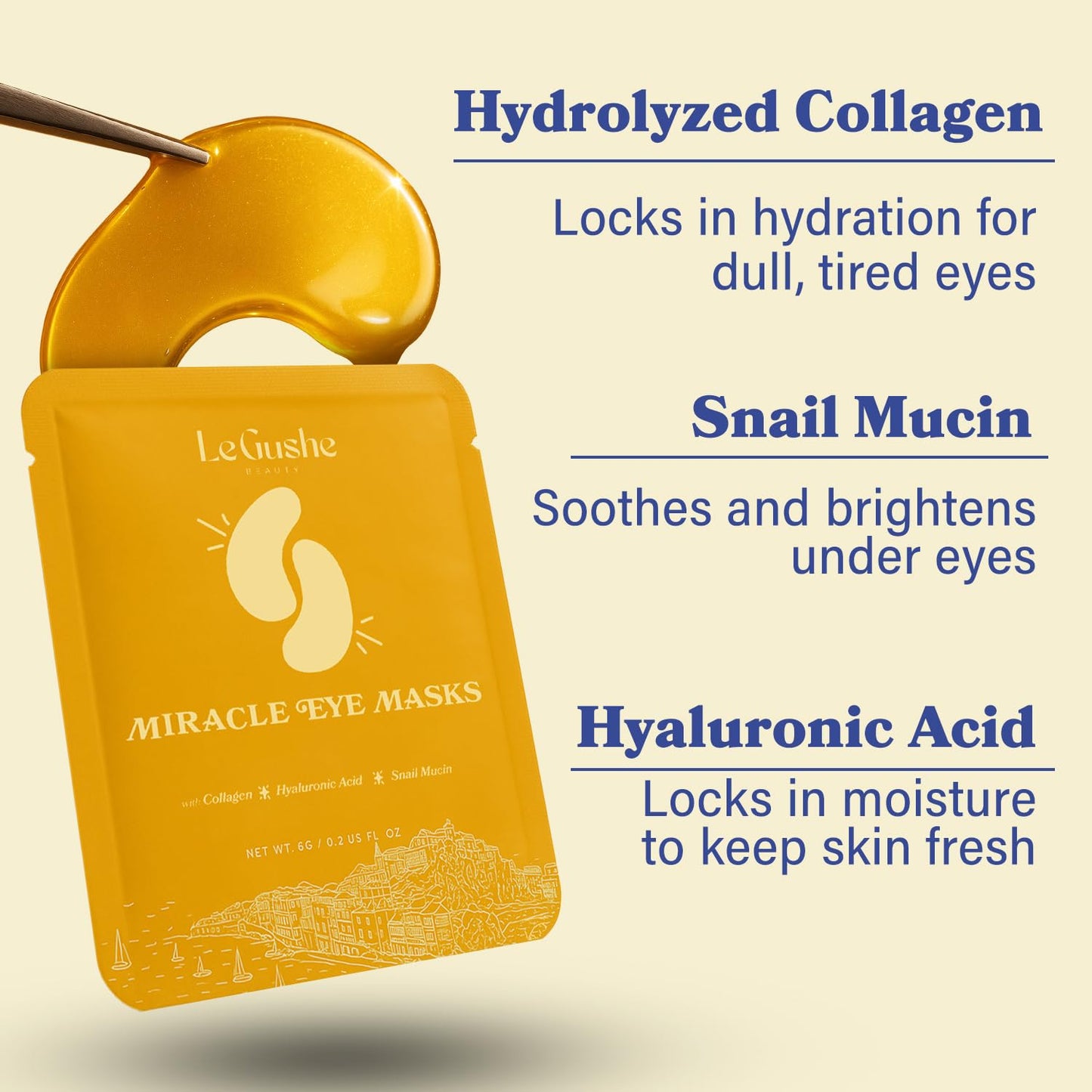 LE GUSHE Gold Under Eye Patches for Puffy Eyes and Dark Circles (20 Pairs) - Hydrating Collagen Under Eye Masks with Snail Mucin - Soothing Puffy Eyes Treatment for Women & Men - Bridesmaid Gifts