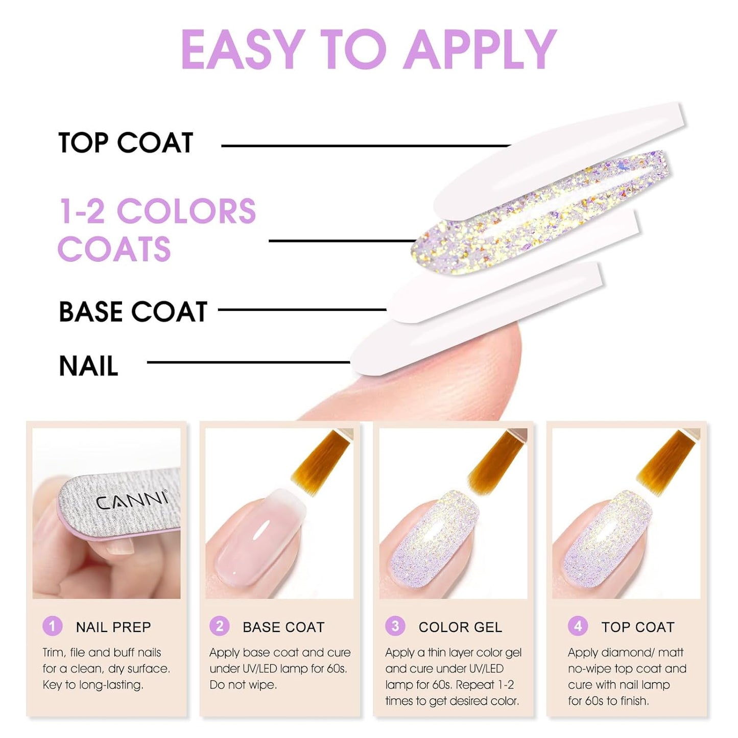 CANNI 1 Pcs Purple Glitter Gel Nail Polish, Shimmer Sparkly Light Purple Colors Gel Polish Soak Off Led Nail Art Gel Manicure Salon DIY