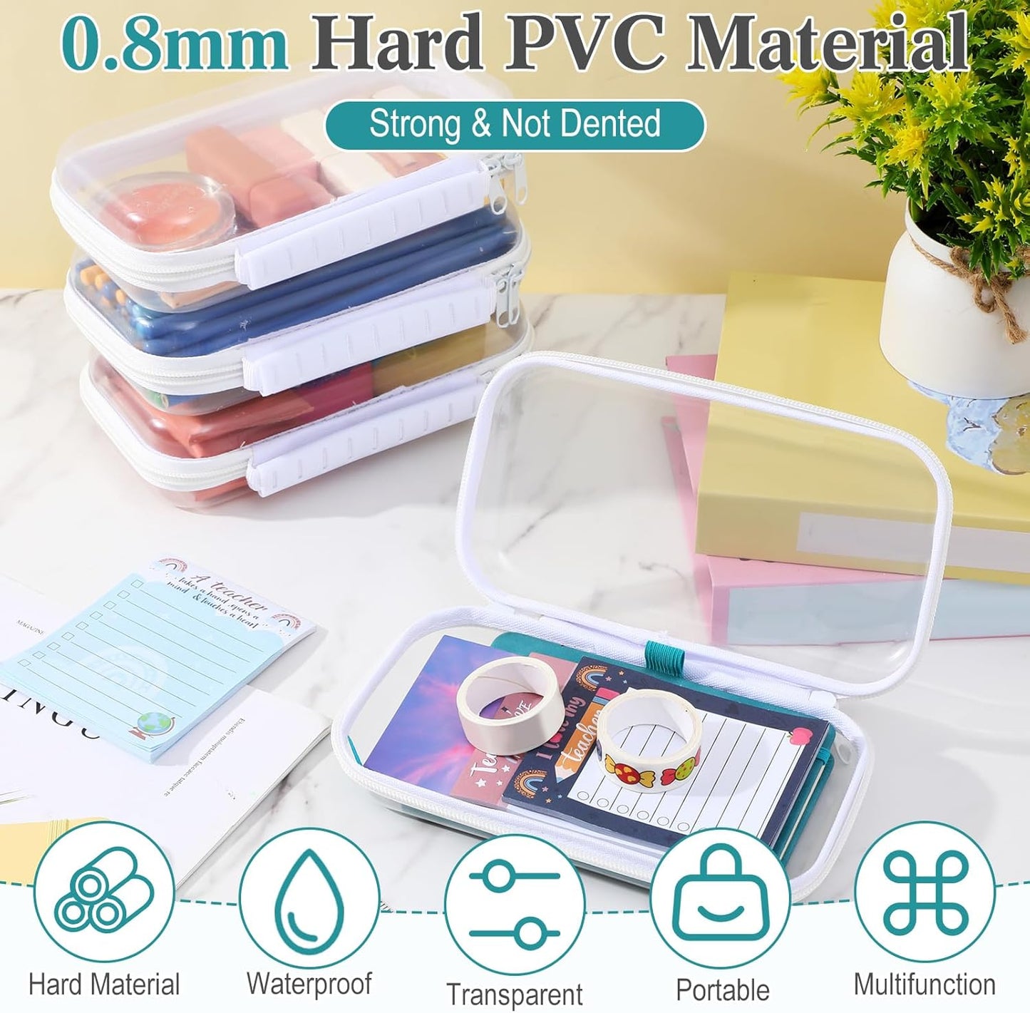 Sanwuta 4 Pcs Clear Hard Zipper Case with Handle Office Storage Cases Hard Plastic Pouches Transparent Bins for Crafts, Pencils, Snacks, Cosmetics, Puzzles(7.5 x 4 x 2 Inches,White)