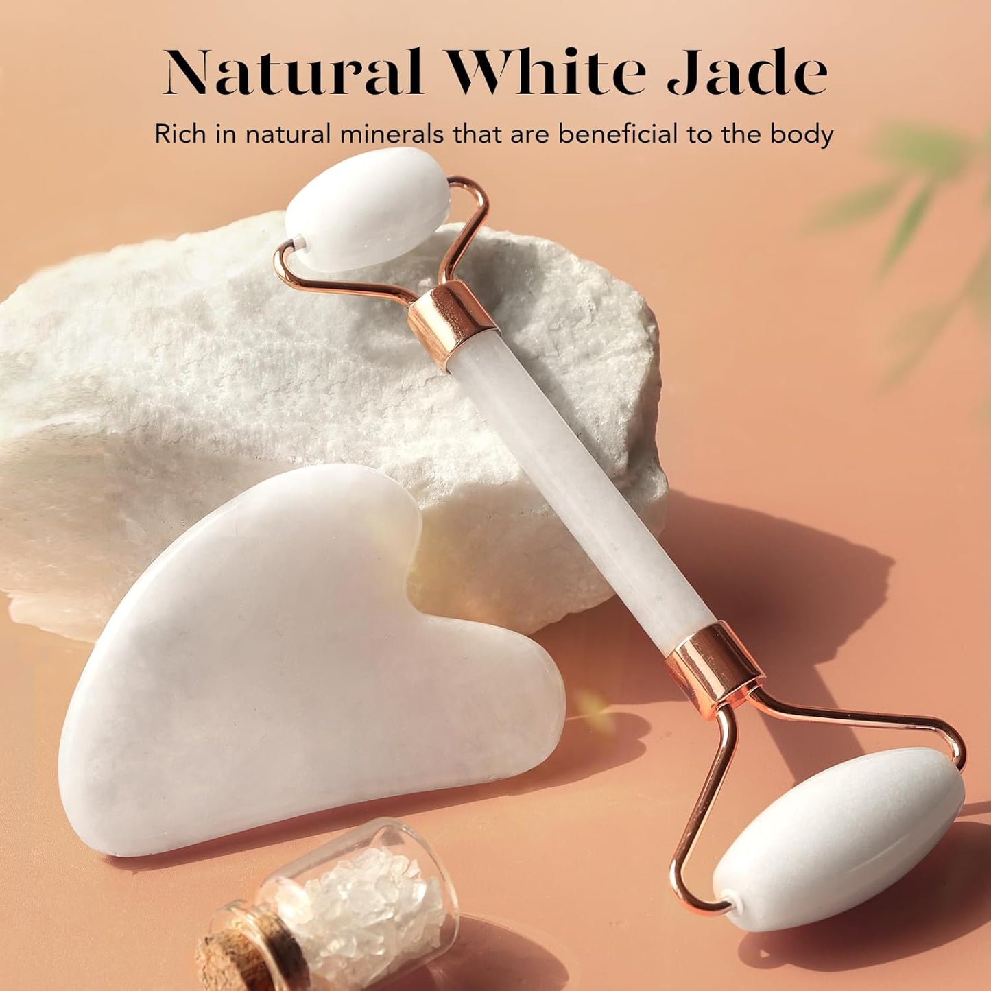 BAIMEI Jade Roller & Gua Sha Set Face Roller and Gua Sha Facial Tools for Skin Care Routine and Puffiness, Self Care Gift for Men Women - White
