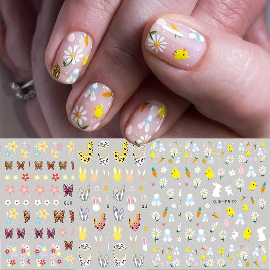 6Sheets Easter Nail Art Stickers Decals Cute Bunny Flower Designs 3D Self-Adhesive Nail Decals