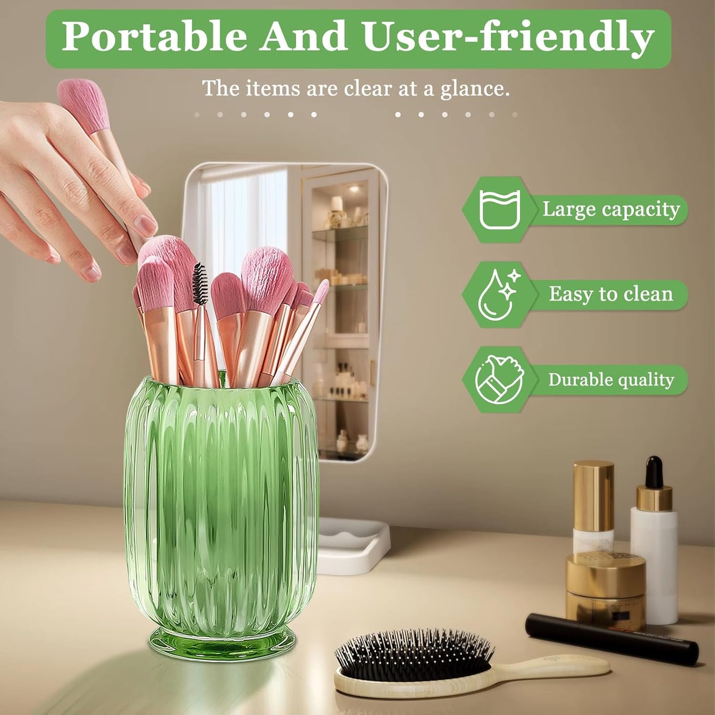 Makeup Brush Holder, Thick Glass Makeup Brush Organizer Cup, 4.8" Tall for Vanity Hair Brush Holder Brushes Storage, Makeup Brush Holder Organizer organizador de brochas de maquillaje Crystal Green