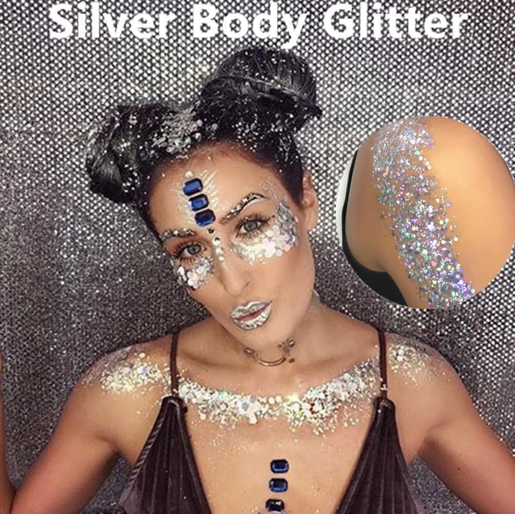 Go Ho Silver Face Body Glitter Gel,Singer Concerts Silver Face Paint Makeup,Holographic Chunky Glitters for Hair/Lip/Nails on Party Halloween Makeup,Festival Rave Accessories,52g