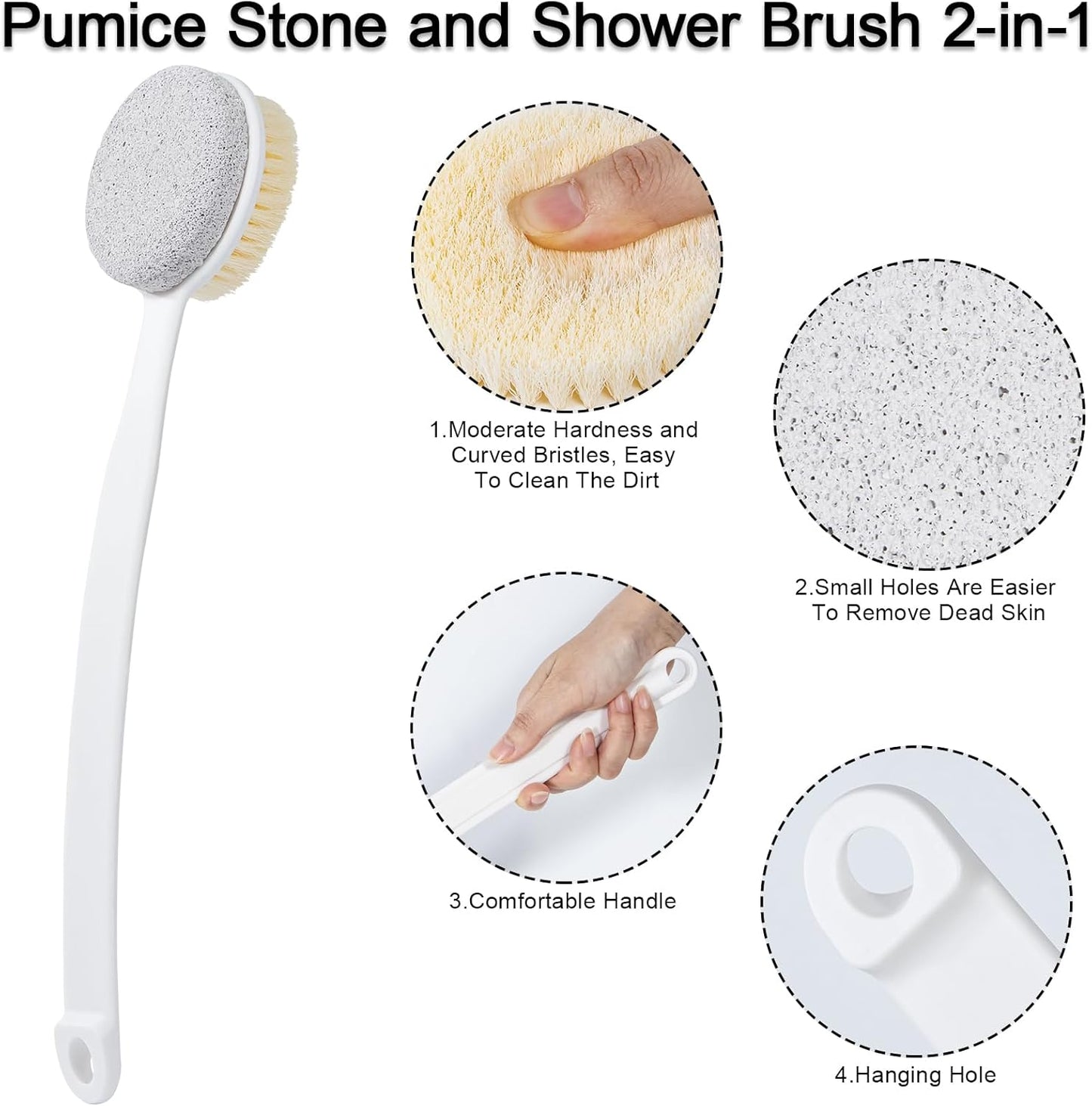 Pumice Stone for Feet with Long Handle (Double-Faced Curved Handle,White, Count, 1.0)