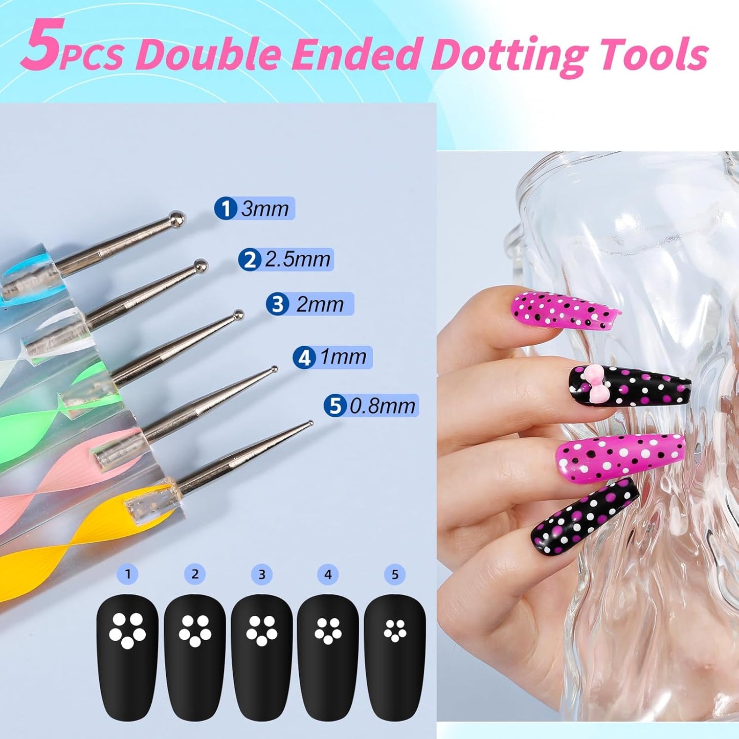 Nail Art Kit for Beginners with Nail Brushes Set and Dotting Tools, Jumbo Holographic Glitter Sequins 2-6mm Rhinestones 3D Pink&White Flowers Metal Studs Colorful Striping Tape with Tweezers (03-Pink)