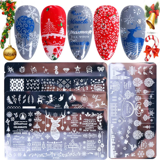 Christmas Nail Stamping Plates, 5Pcs Christmas Nail Stamper Kit Snowflakes Xmas Tree Bell Snowman