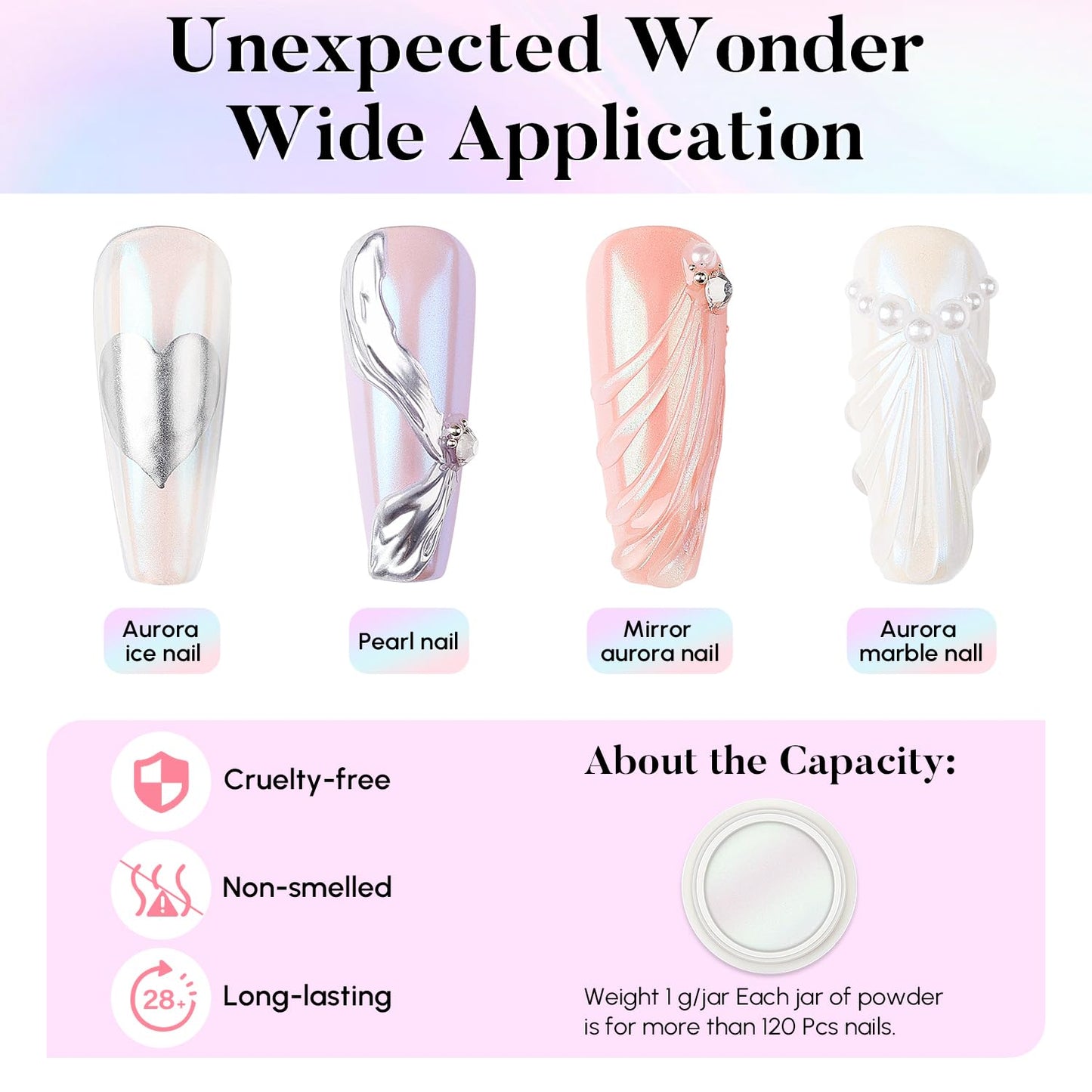 AIMEILI Pearl Chrome Nail Powder, Vegan, Cruelty Free, 6 Colors Aurora Metallic Holographic Mirror Effect Nail Art Pigment Iridescent Shell Glitter Nail Art