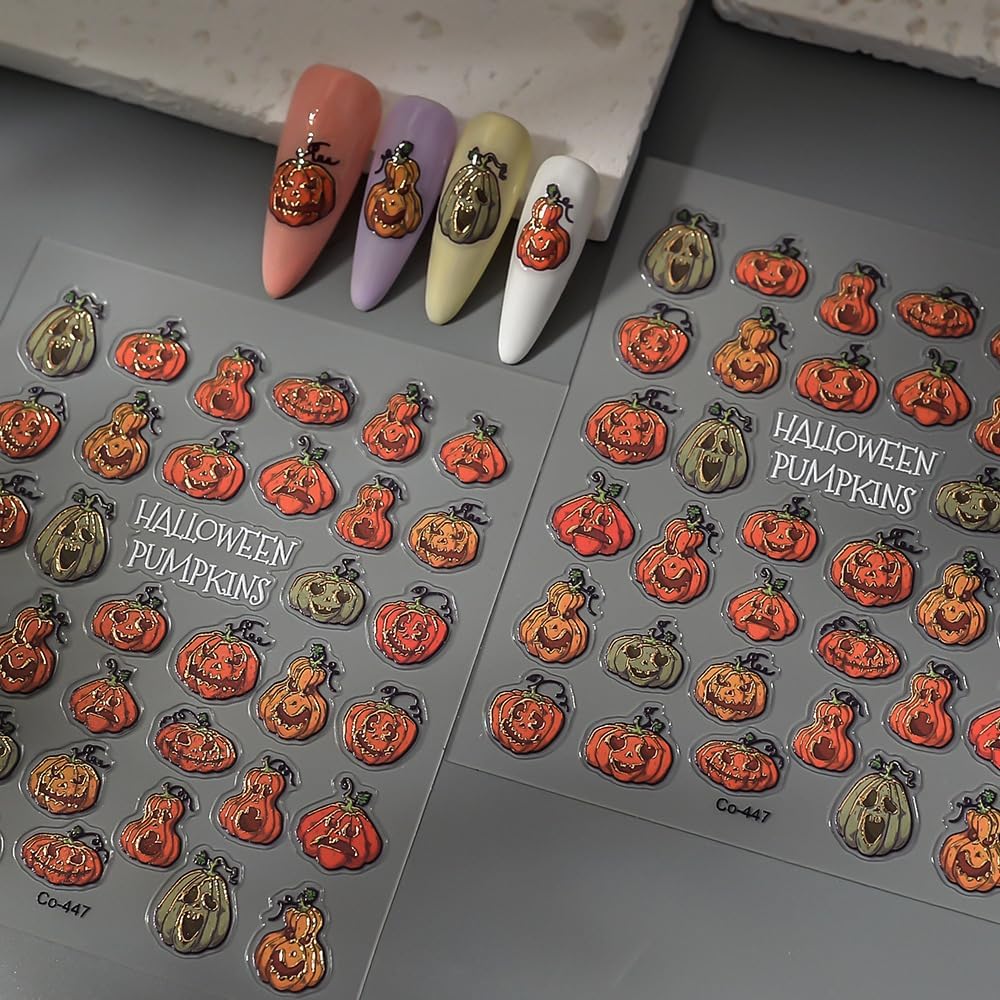 Halloween Nails Stickers Orange Pumpkins Nails Sticker 3D Embossed Horrible Pumpkins Self Adhesive Sticker Nail Decals Green Yellow Nail Art Decal Halloween Decals for Nail DIY Manicure 1Sheet