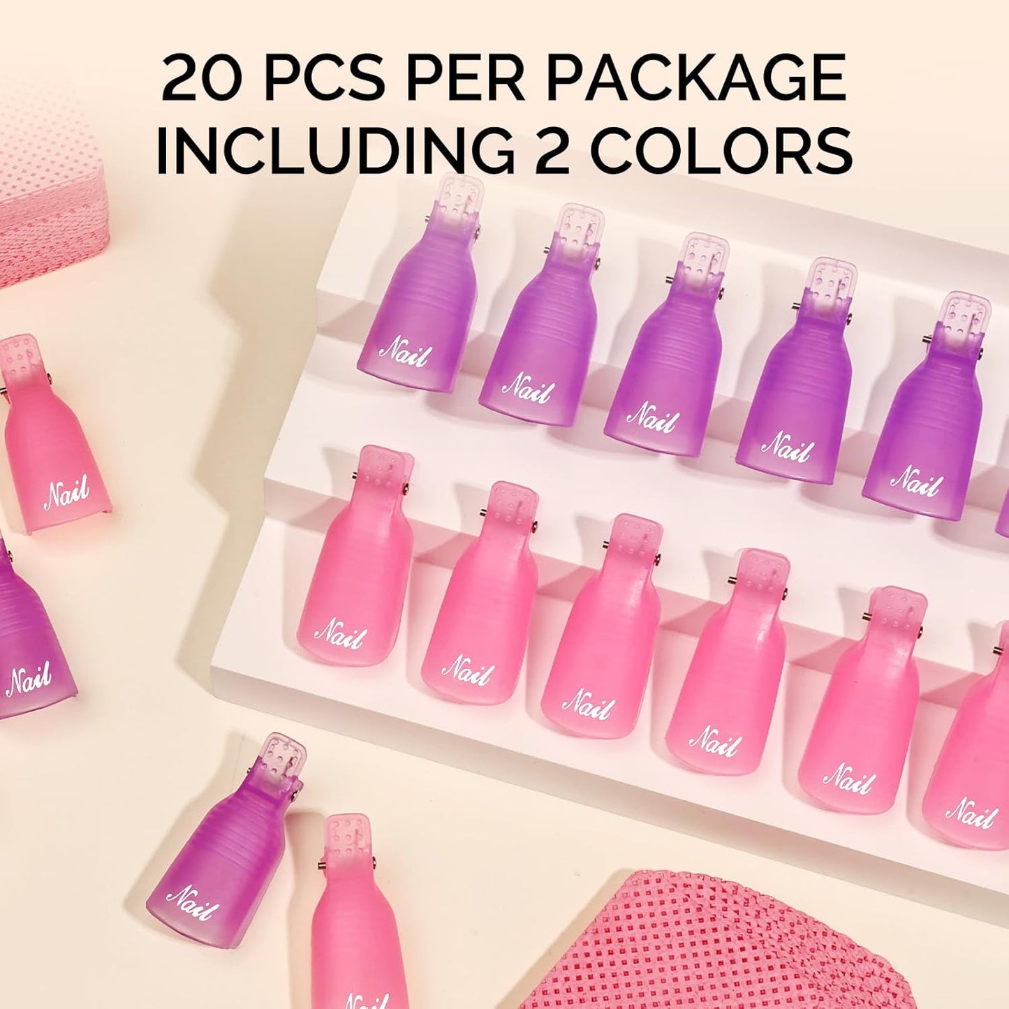 MelodySusie Nail Polish Remover Clips Nail Art Soak Off Cap Clip Plastic Acrylic UV Gel Polish Remover Wrap Tool Gel for Fingernail Removal Soak Off Clips Wrap Cleaner Cap Clip (Pink+Purple 20Pcs)