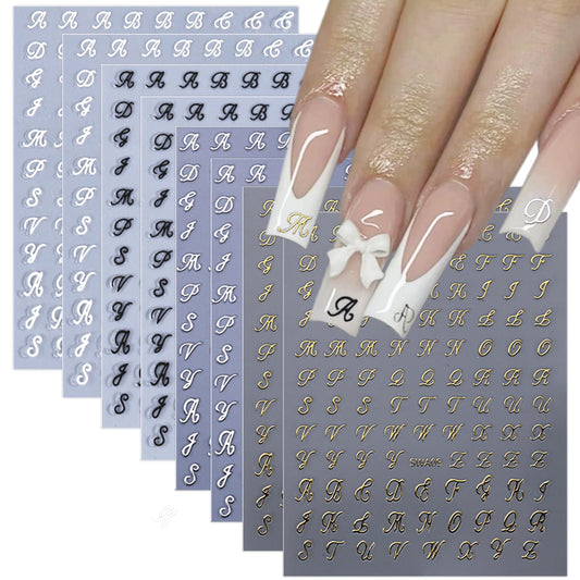 8 Sheets Retro English Letters Nail Stickers for Nail Art 3D Self-Adhesive Black White Gold Silver