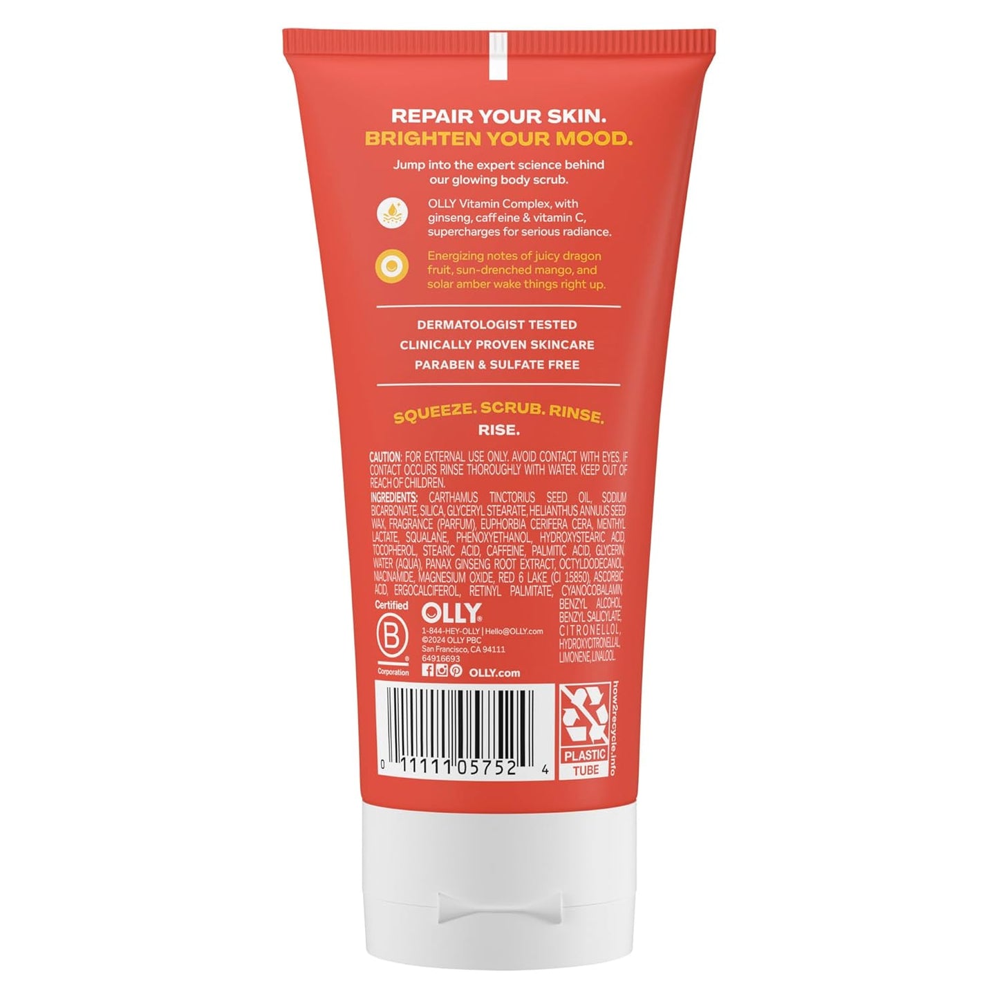 OLLY Bright Body Scrub with Ginseng, Caffeine & Vitamin C– Nourishing Cleanser for Skin Exfoliation, SkinBarrier Repair, Citrus Currant Scent, 6 oz