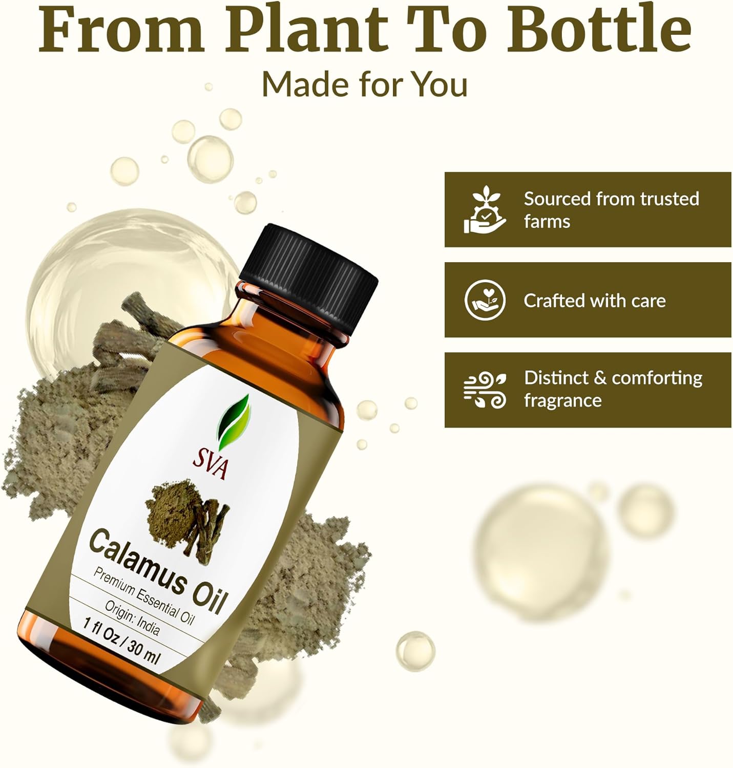 SVA Calamus Essential Oil – 1 Fl Oz – 100% Natural Calamus Oil - for Diffuser, Hair Care, Face, Skin Care, Aromatherapy, Scalp and Body Massage, Soap and Candle Making – with Dropper