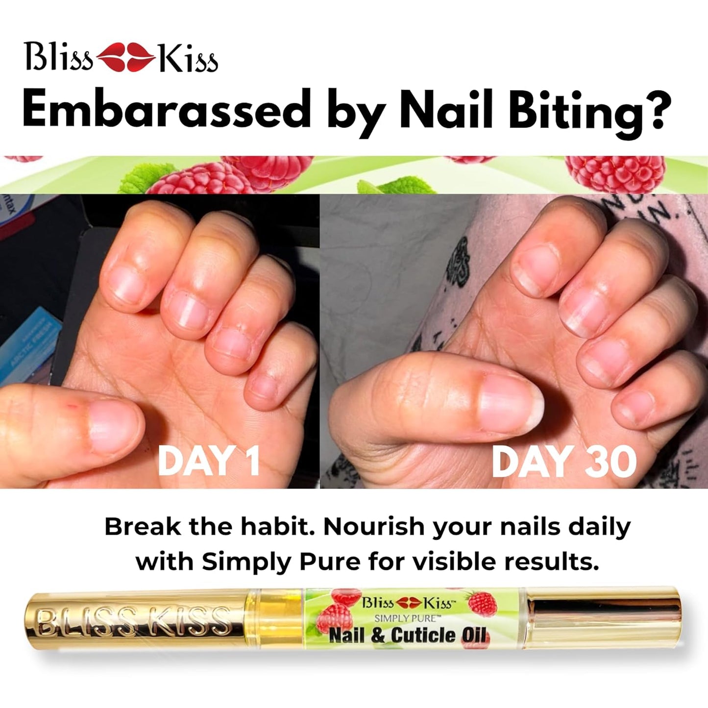 Bliss Kiss | 4 Juicy Raspberry | Oil Cuticle Pen w/Vitamin E & Jojoba⏤Nail Strengthener Nail Growth Serum for Brittle Peeling Breaking Thin Nails