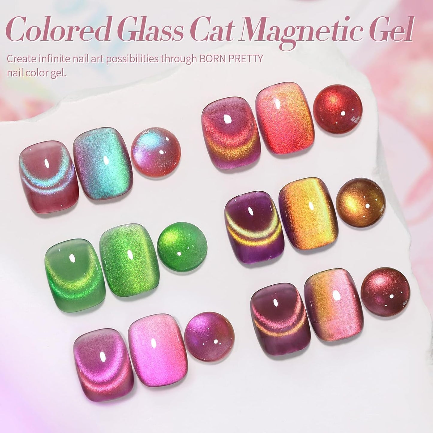 Born Pretty Cat Magnetic Eye Gel Nail Polish Rainbow Aurora Cat Magnetic Gel Polish Pink Green Blue Yellow Glitter Holographic Cat Magnetic Eye Gel Manicure Nail Art DIY, Firefly Aurora Series 6PCS