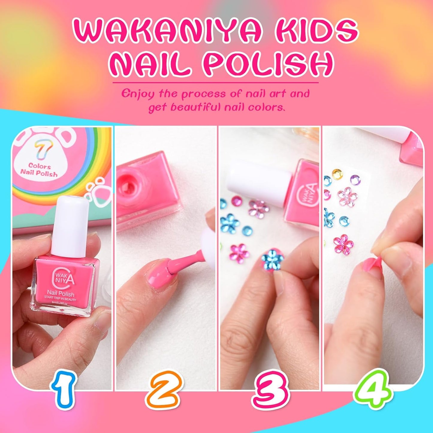 wakaniya Kids Nail Polish Set for Girls with Gems Nail Stickers, 7 Colors Non Toxic Safe Nail Polish Peel-Off Low Odor
