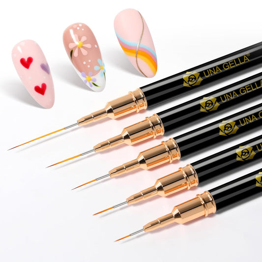 UNA GELLA Metallic Nail Art Brushes, Liner Pens Set 5Pcs Black Color For Nail Art Gel Polish - Thin Detail Nail Art Design Painting Brush Set For Nails Gel Fine Drawing Nail Tools Sizes 7/9/11/15/25mm