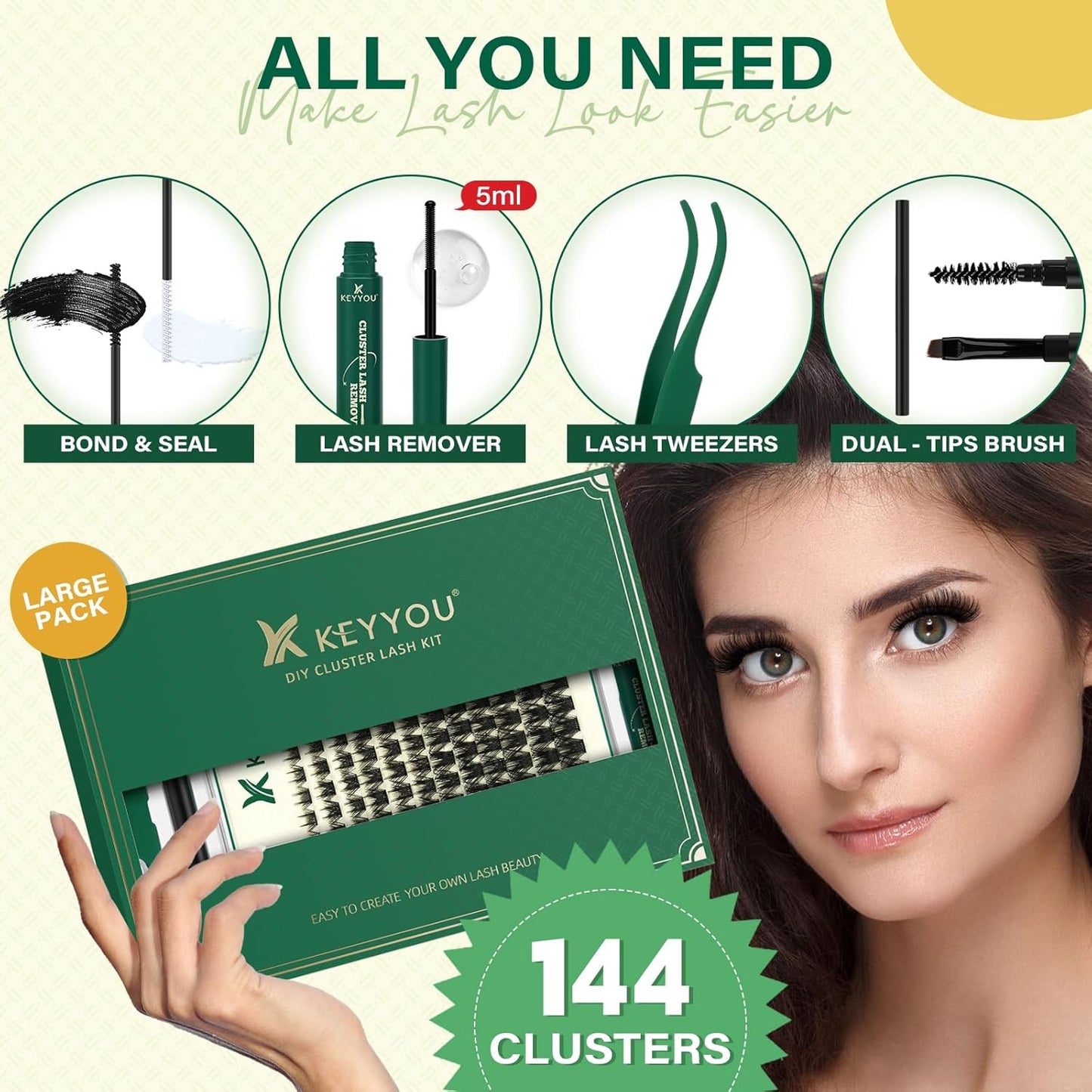 DIY Lash Extension Kit KEYYOU 144pcs Lash Clusters Eyelash Extension Kit with Mascara Brush Bond and Seal Lash Remover Lash Applicators Lash Brush for DIY Lash Extensions (Y22 Kit)