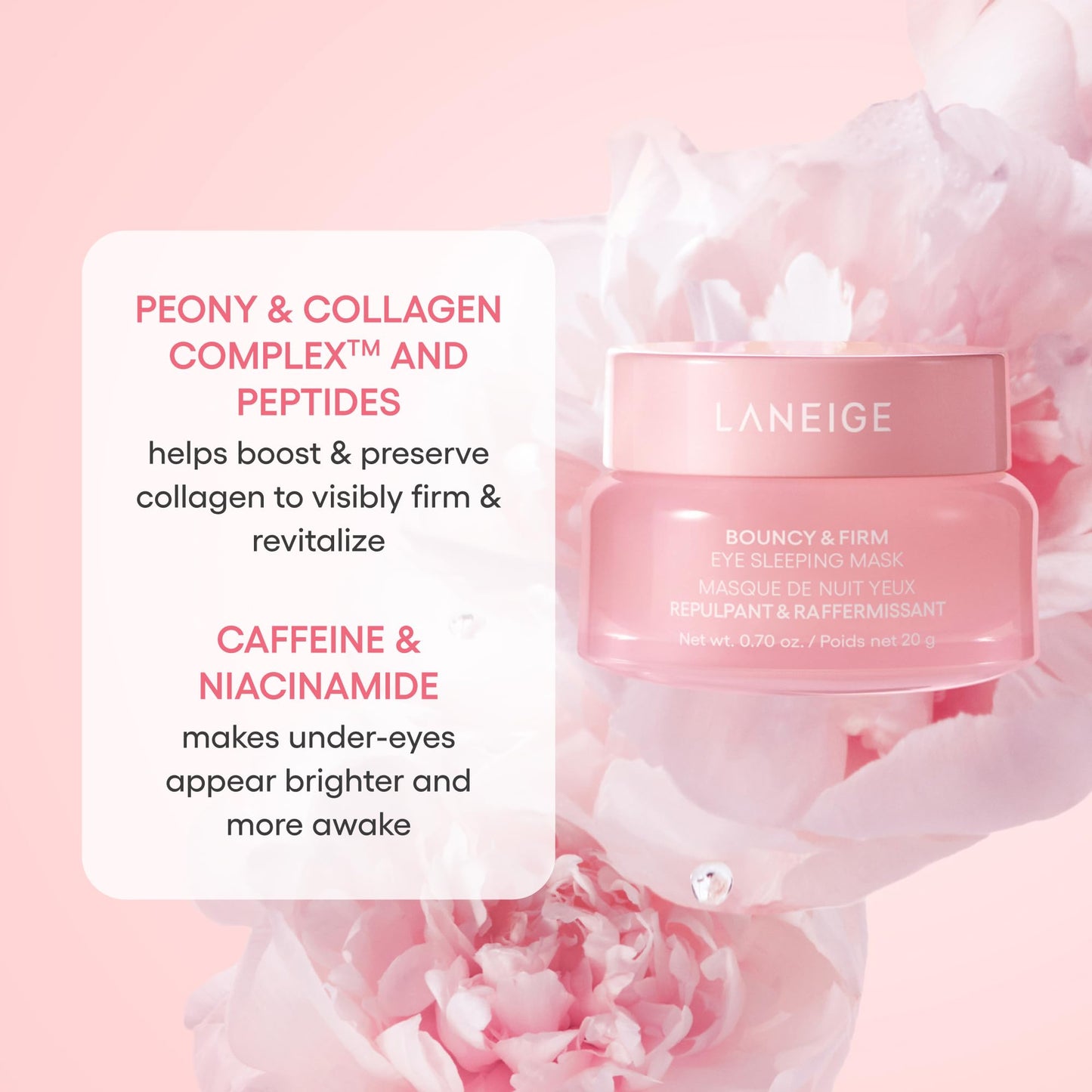 LANEIGE Bouncy & Firm Eye Sleeping Mask: Depuff and Firm with Peony & Collagen Complex, Ceramide, &