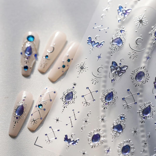 Blue Nail Art Sticker Decals Jelly Nail Stickers 5D Embossed Self Adhesive with Line Design Star