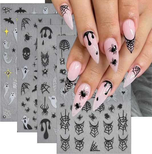 4Sheets Dark Halloween Nail Art Stickers 3D Self-Adhesive Shiny Crystal Spider Nail Decals Cute