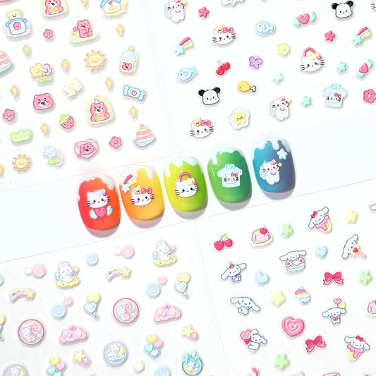 4 Sheets of 3D Nail Stickers - 274 Cute Nail Decals - Embossed Nail Stickers for Kids | Kawaii
