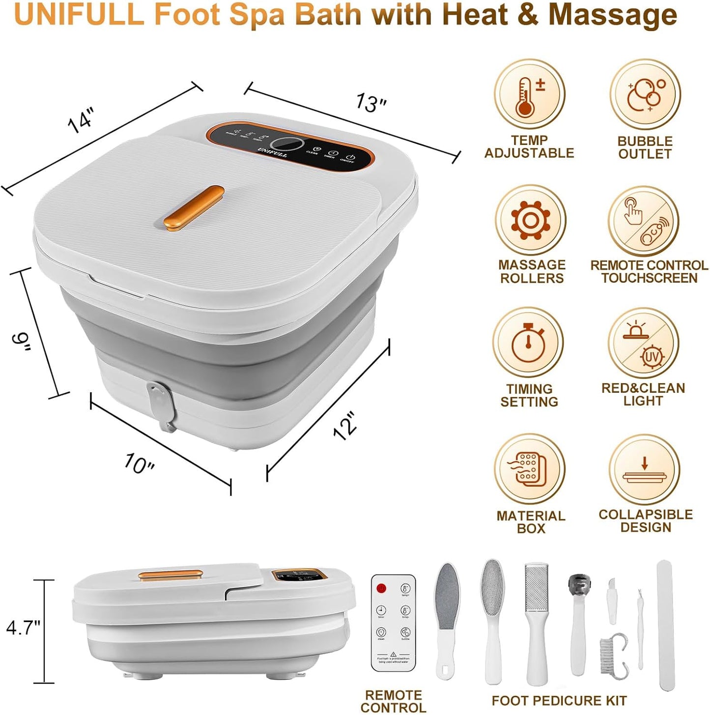 Collapsible Foot Spa Bath with Heat, Touch Screen, Remote Control, Massage Rollers, Timer, Bubble, Foot Pedicure Kit, Temperature Control Pedicure Foot Spa, Foot Bath