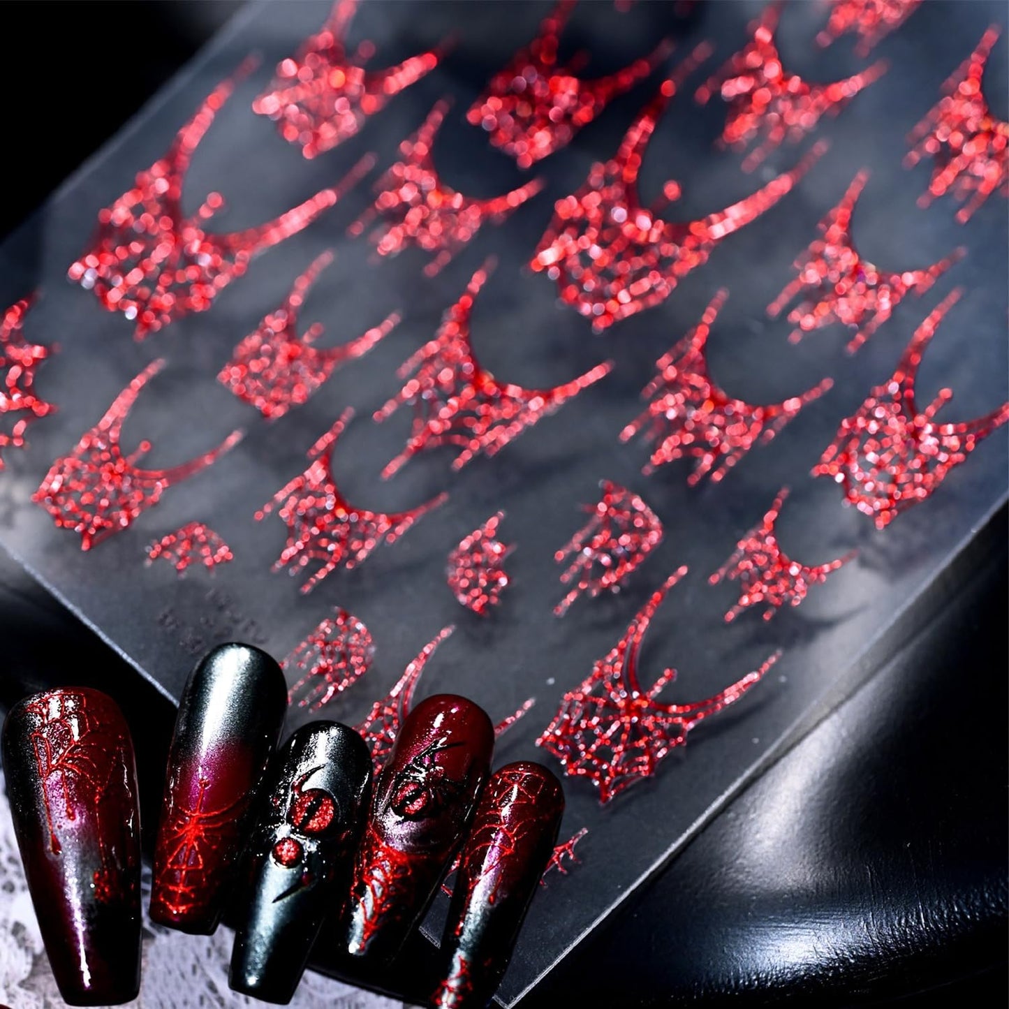 1 Sheets Halloween Nail Stickers for Nail Art 5D Self-Adhesive Spider Web Nail Art Stickers Red Spider Web Nail Decals Halloween Embossed Nail Design Sticker for Women DIY Nail Decoration