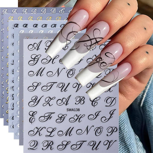 Letter Nail Art Stickers, Old English Letter Nail Art Decals 3D Self-Adhesive Gold Silver Black