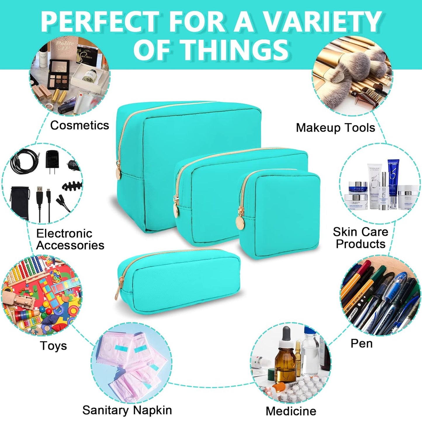 Small Makeup Pouch for Purse, Nylon Travel Toiletry Storage Pouch Cute Preppy Cosmetic Bag for Women Girls, Waterproof Makeup Organizer Skincare Bag Purse with Zipper (Small-Cotton Candy)