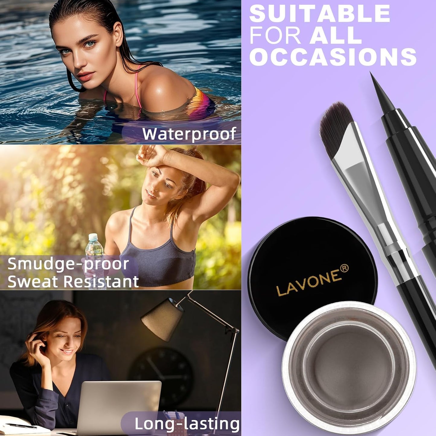 LAVONE Eyeliner Set - Waterproof Makeup Kit with Liquid eyeliner Pencil, Gel Eyeliner & Angled Eye liner Brush, Waterproof, Smudge Resistant, Long Lasting Formula - Gray