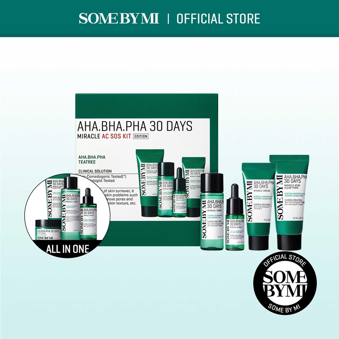 SOME BY MI AHA BHA PHA 30Days Miracle AC SOS Kit - Toner 1.01Oz, Serum 0.33Oz, Cream 0.7Oz, Foam