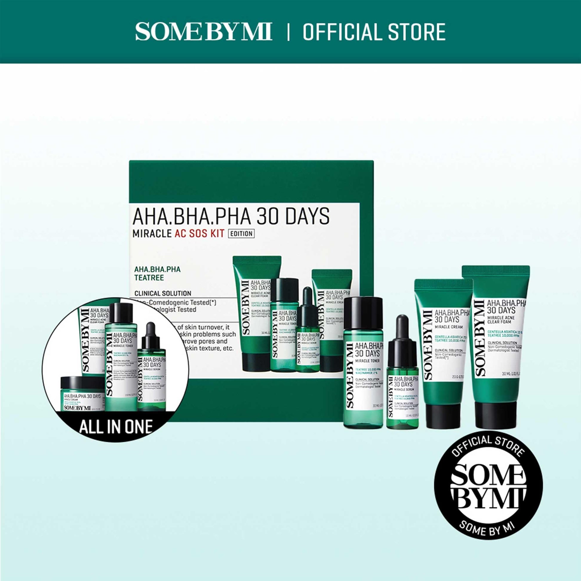 SOME BY MI AHA BHA PHA 30Days Miracle AC SOS Kit - Toner 1.01Oz, Serum 0.33Oz, Cream 0.7Oz, Foam