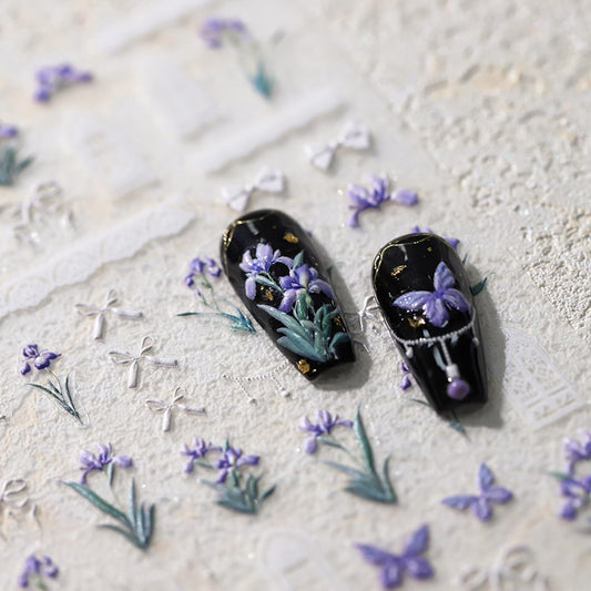 Flower Nail Sticker, 5D Embossed Iris Floral Nail Art Stickers Self-Adhesive Bows Butterfly Nail