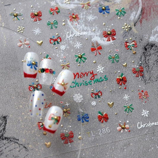 5D Embossed Christmas Nail Stickers Bow Nail Art Decals Self-Adhesive Snowflake Nail Art Sticker