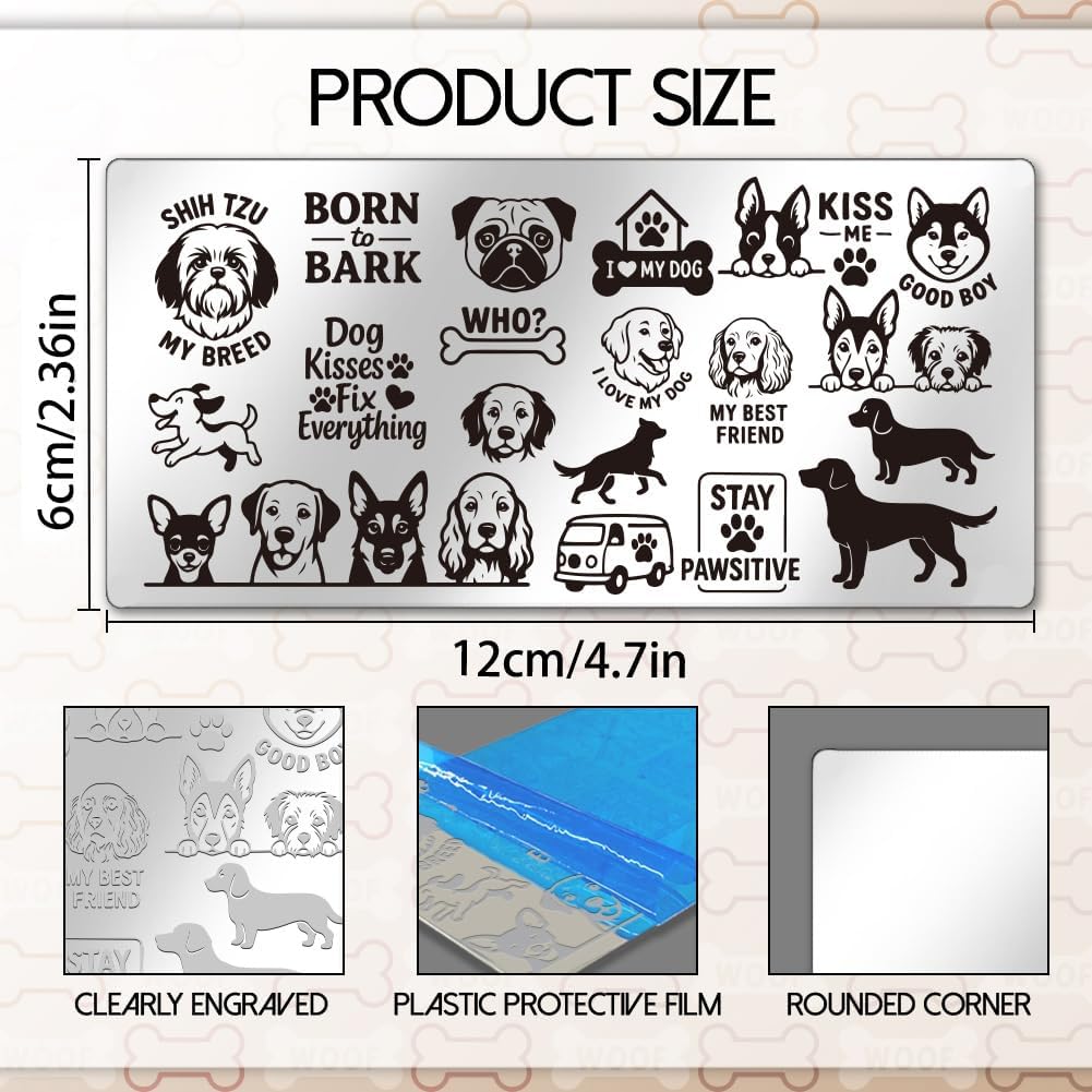 UNICRAFTALE 3Pcs Cute Dog Nail Stamp Plates Set Pets Animals Nail Stamping Plate Puppy Love Image Nail Stencils Dog Paws Design Nail Art Stamping Template with Nail Scraper for Dog Lover Manicure