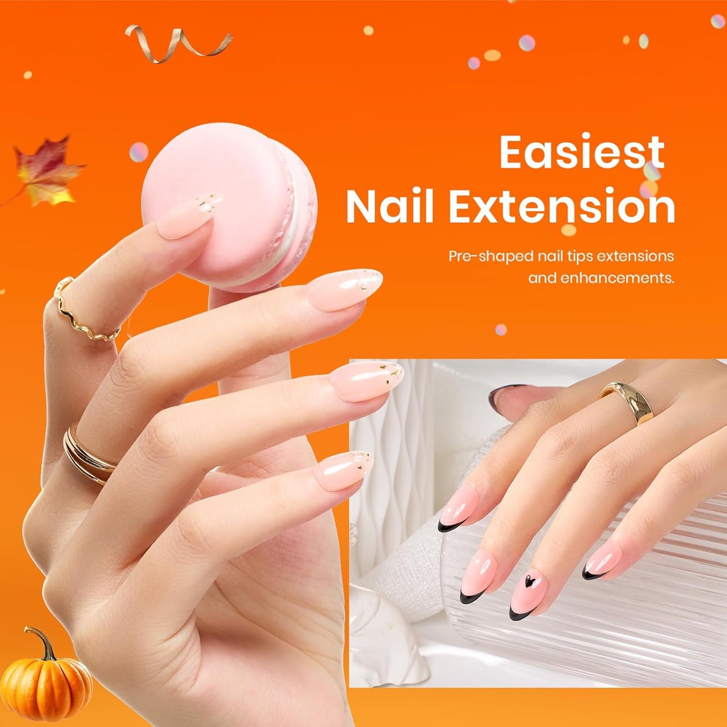 Beetles Gel Nail Kit, Short Almond Nail Tips Easy Extension Set 240 Pcs Pre Shaped Clear Full Cover Fake Nails Tips with 5 In 1 Nail Glue Uv Led Lamp DIY Manicure Gifts for Women